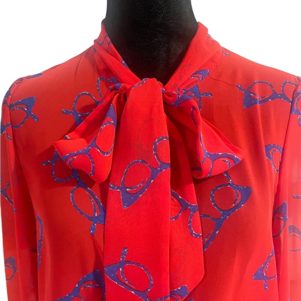 Retro Red,blue eye glasses print, sheer,button down neck bow tie blouse, small - Picture 7 of 8
